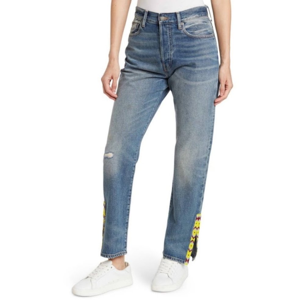 RALPH LAUREN Storrie Wash Embellished Slit High Rise Jeans